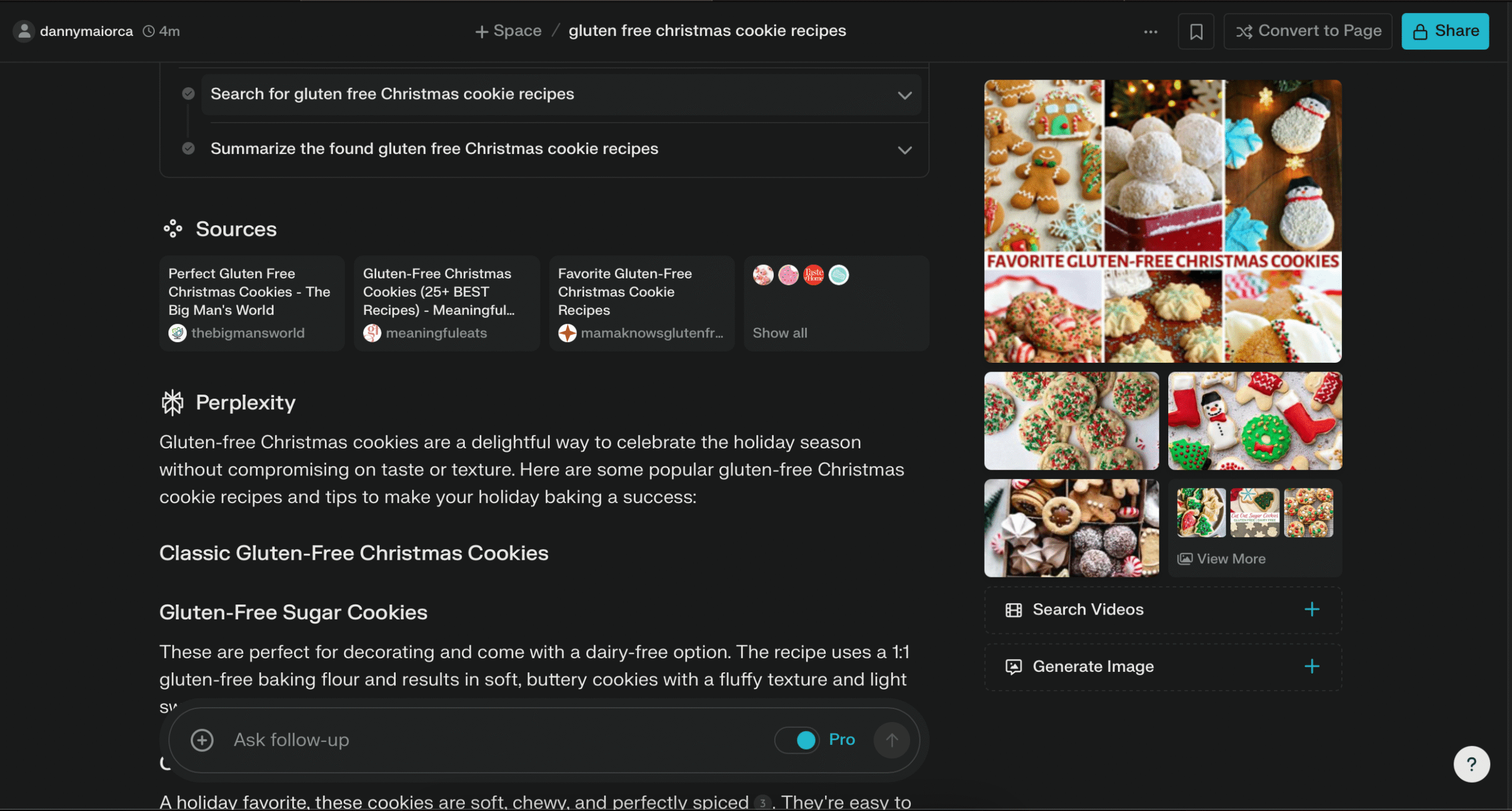 Recherche de recettes de biscuits dans Perplexity