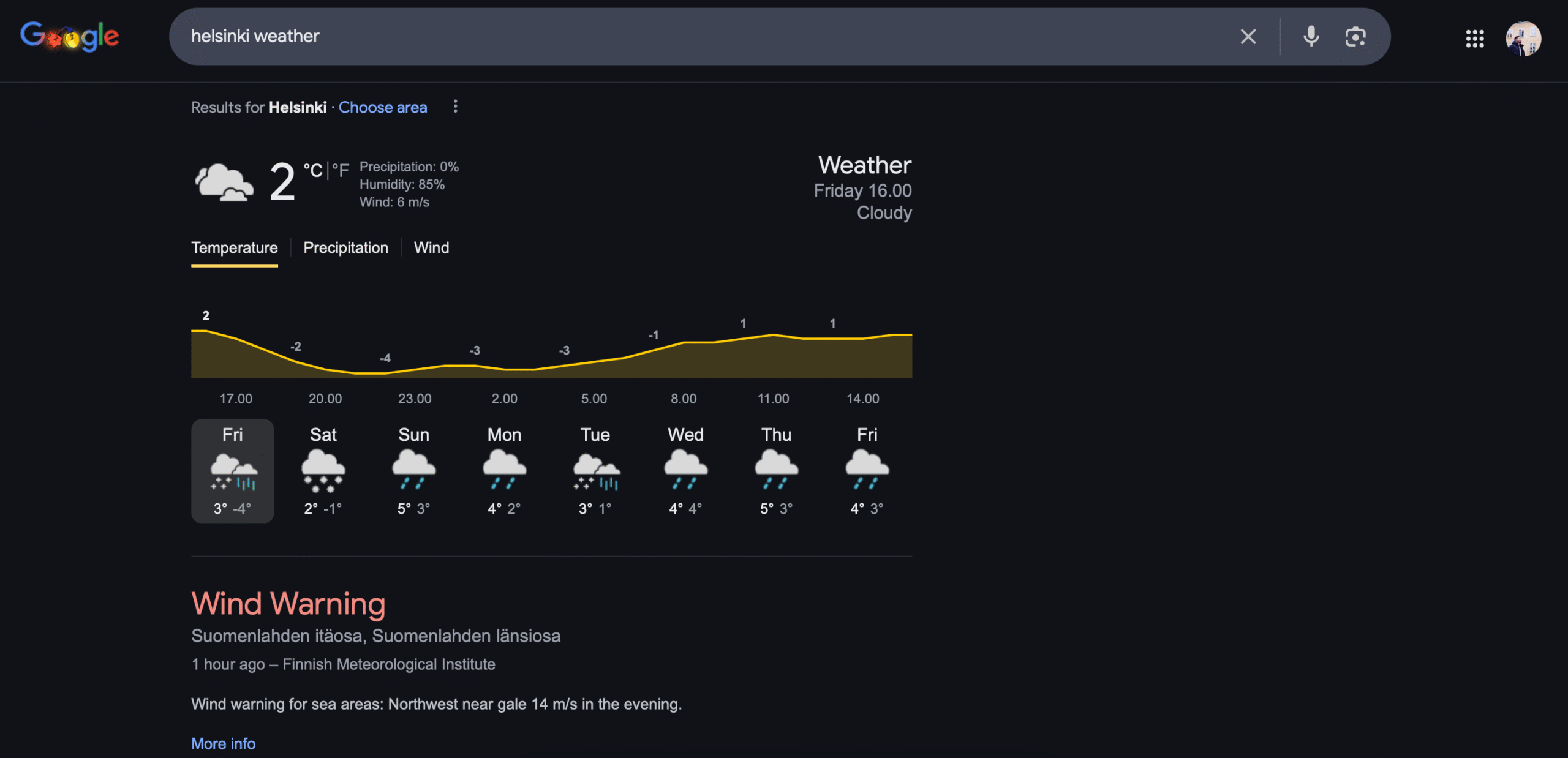 Recherche d'une prévision météo sur Google