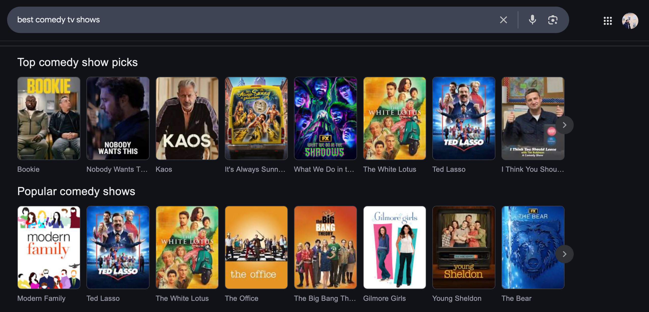 Une liste de résultats de séries TV dans Google