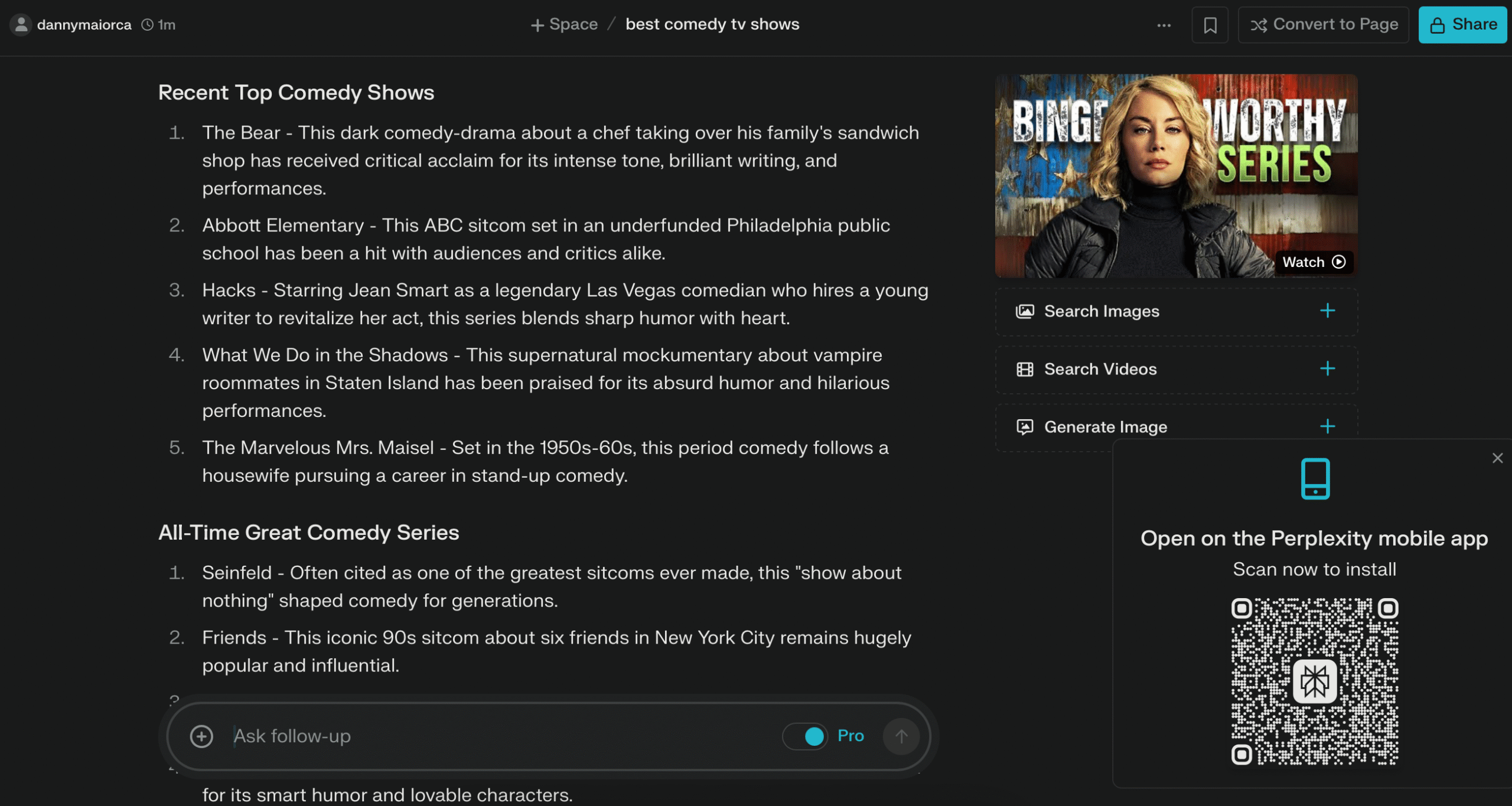 Recommandations de séries TV dans l'application Perplexity