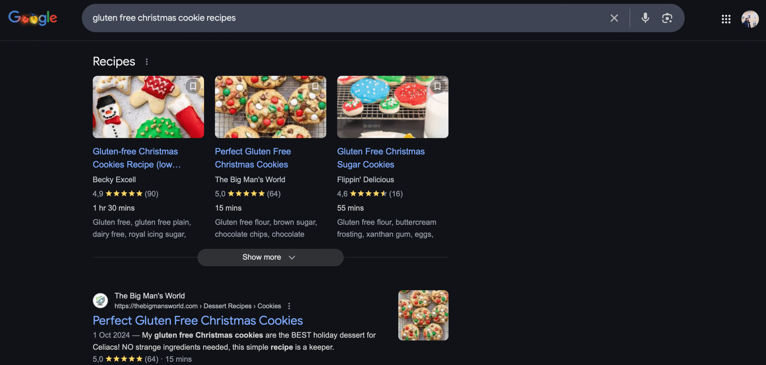 Recherche de recettes de biscuits de Noël sur Google