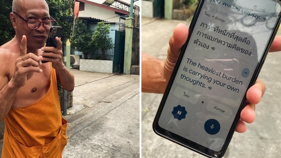 Image d'un moine thaïlandais utilisant Google Traduction pour offrir sa sagesse. (Instagram/_hyshe)