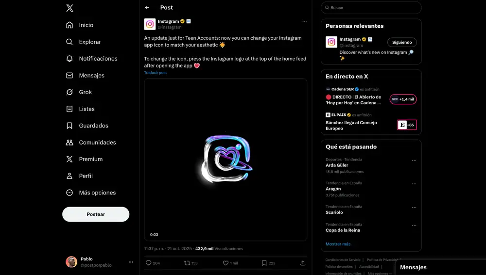 Annonce du changement d'icône sur Instagram