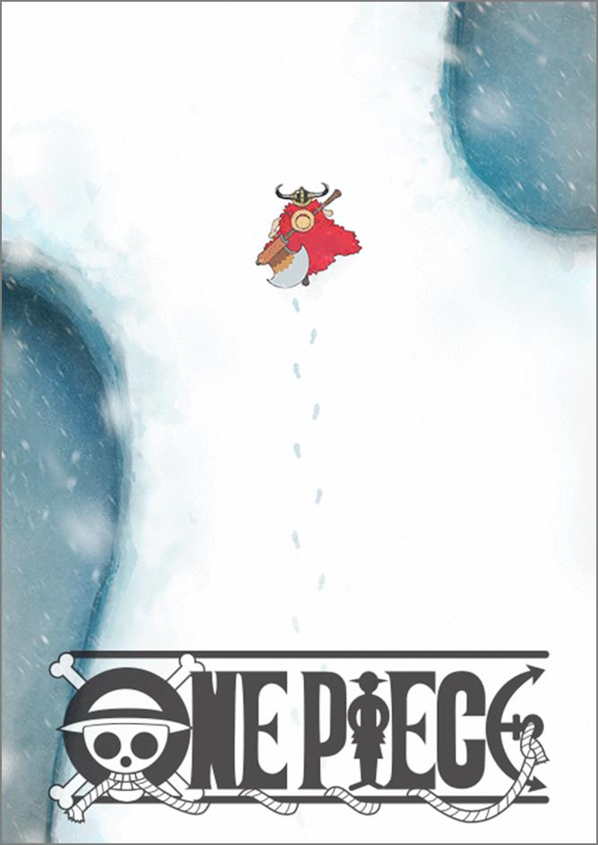 Illustration teaser de l'anime One Piece avec Luffy dans un manteau rouge dans un champ de neige