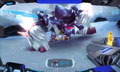 Un monstre de glace attaque un soldat dans Metroid Prime: Federation Force.
