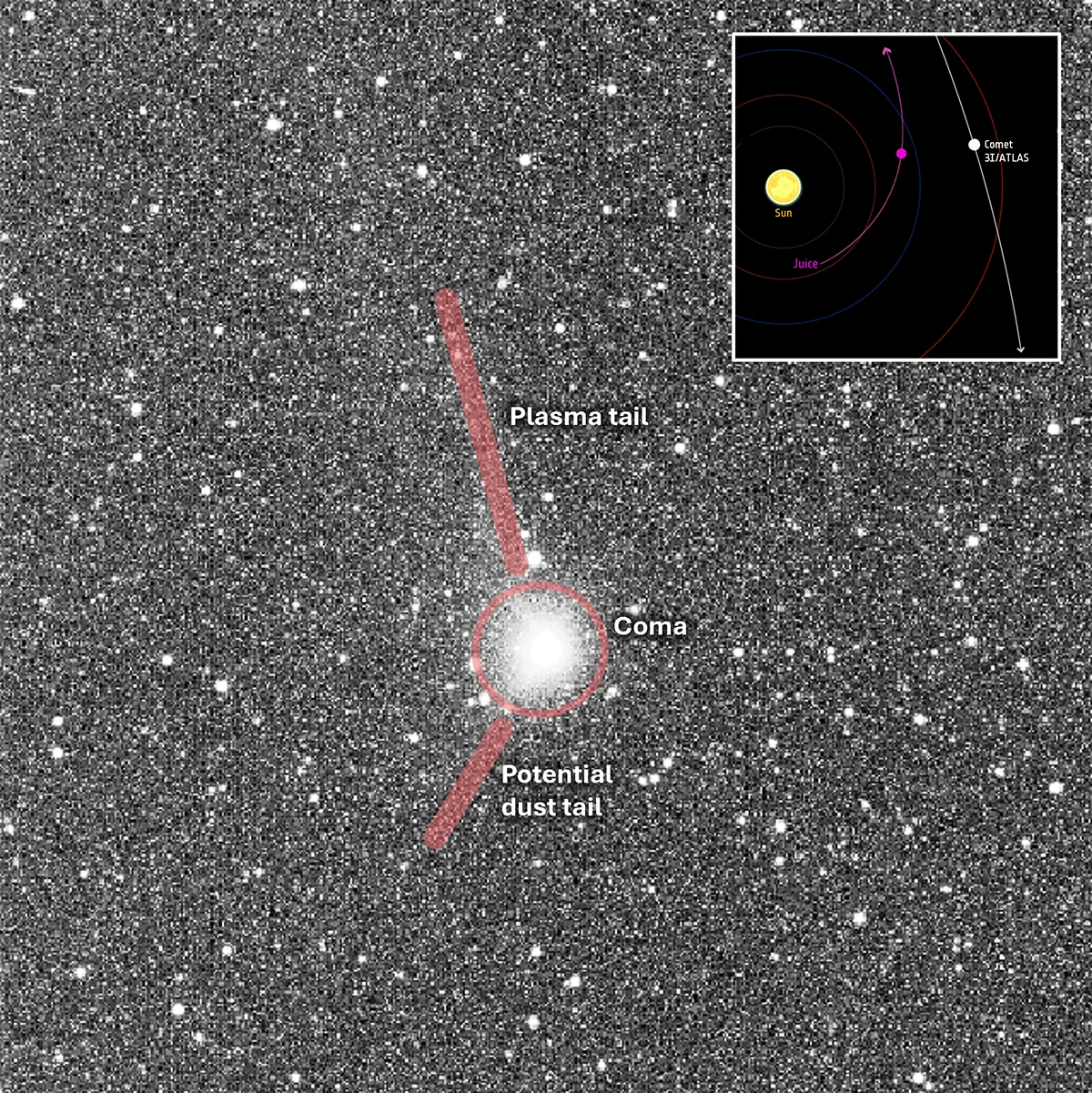 Image capturée par la mission de l'ESA Juice, montrant la comète 3I/ATLAS.