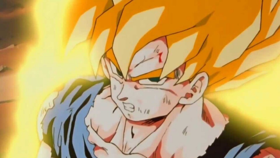 Une scène légendaire de l'histoire de l'anime : Son Goku se transforme en Super Saiyan.