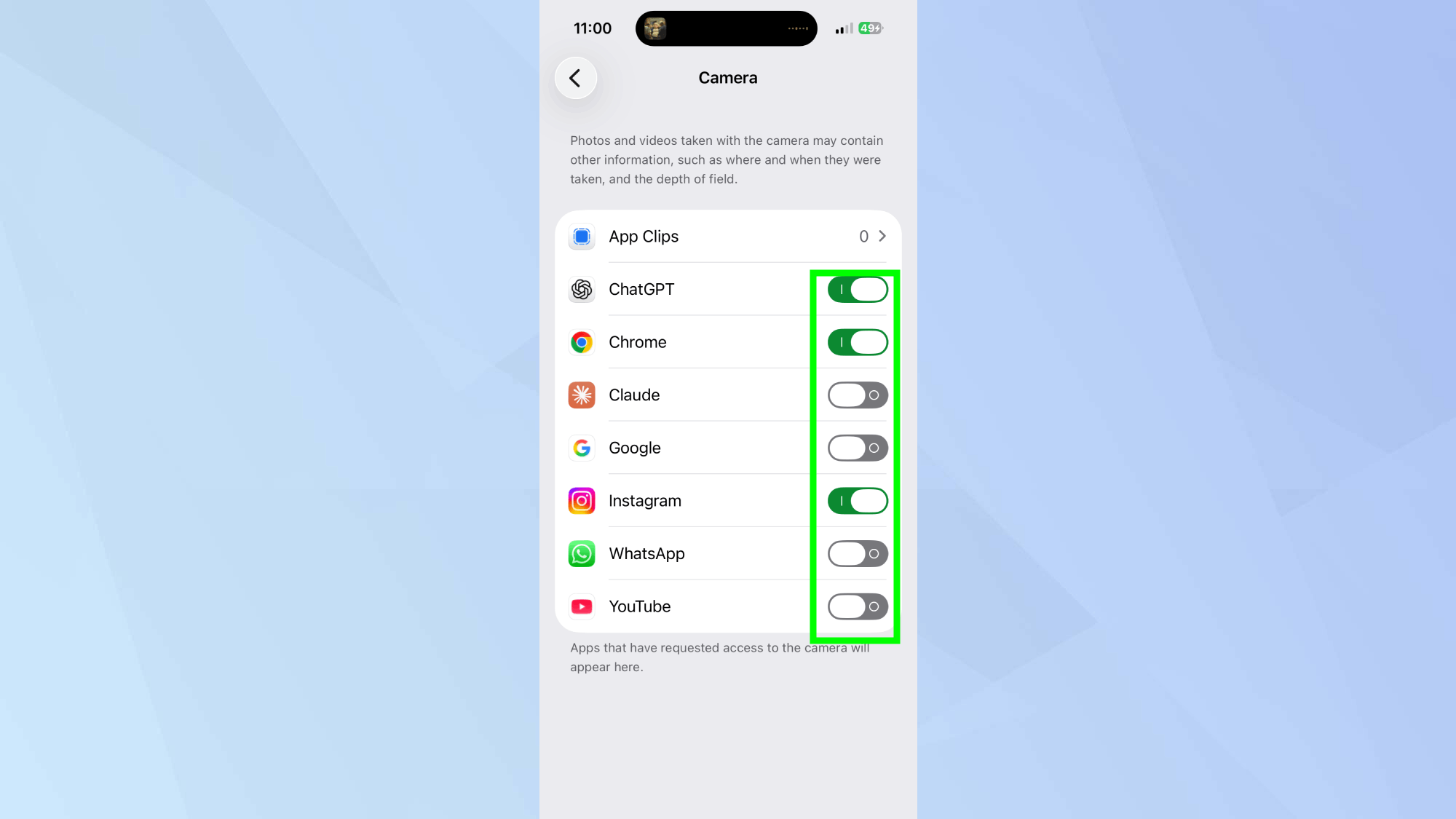 Désactivation de l'accès à la caméra dans les paramètres de confidentialité iPhone