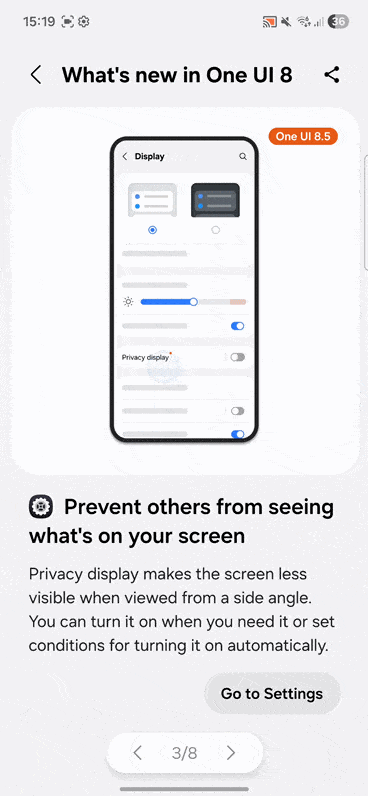 Animation sur l'accès à la fonction Privacy Display sur le Galaxy S26 Ultra.