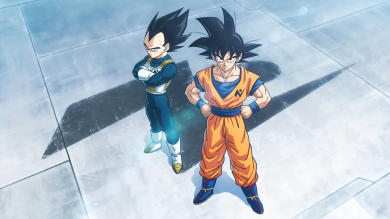 Goku et Vegeta revêtant des badges de la Patrouille Galactique lors de l'annonce de Dragon Ball Super: La Patrouille Galactique
