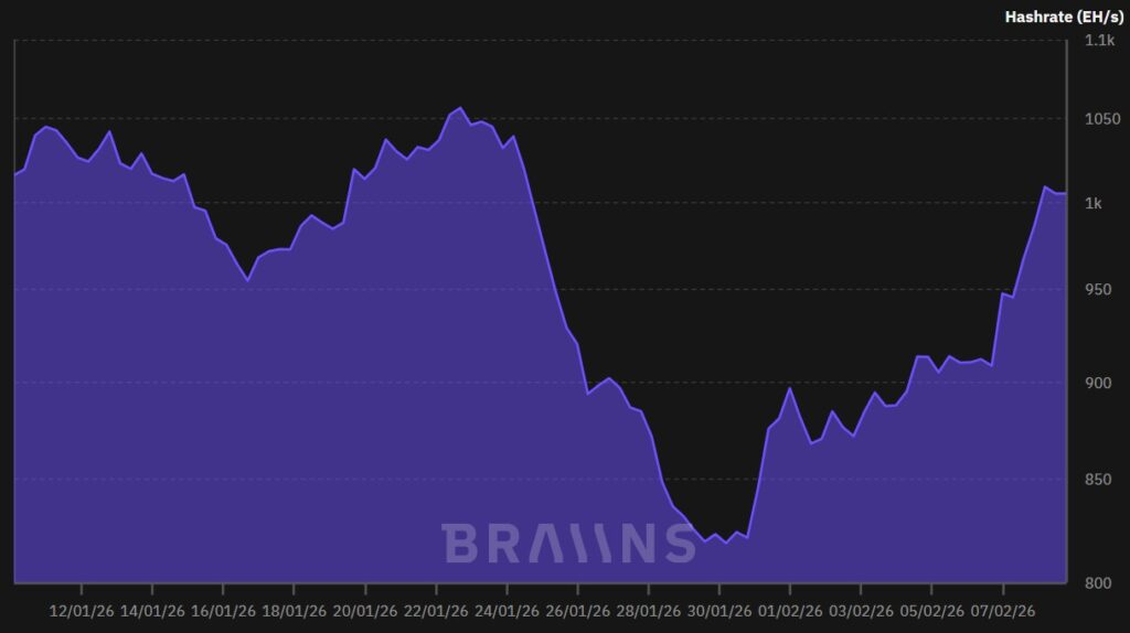 Évolution du hashrate Bitcoin entre janvier et février 2026.
