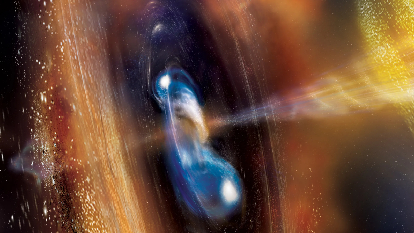 Illustration d'étoiles à neutrons en collision projetant un immense faisceau d'énergie dans l'espace