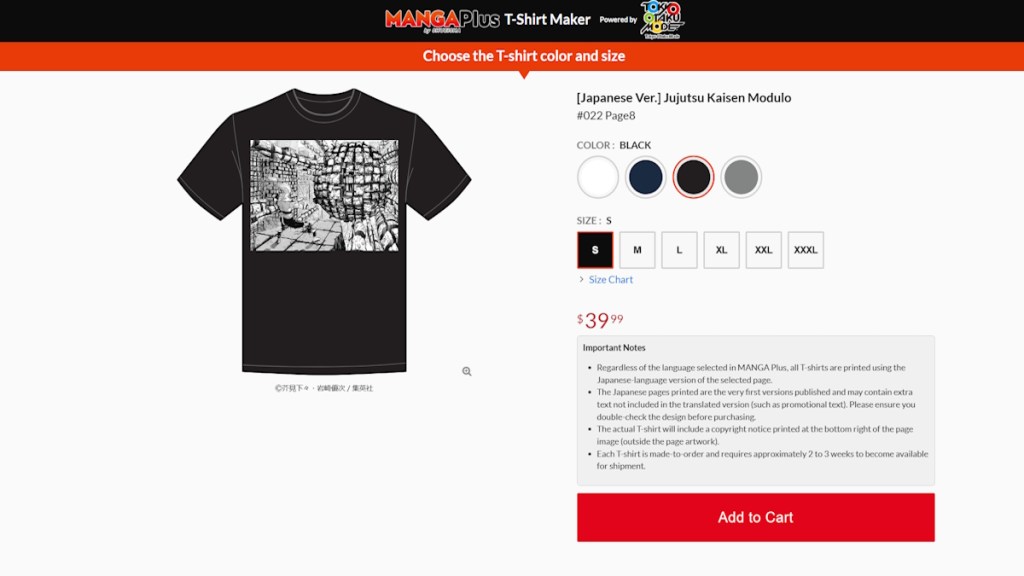 Tarifs des T-shirts Manga Plus