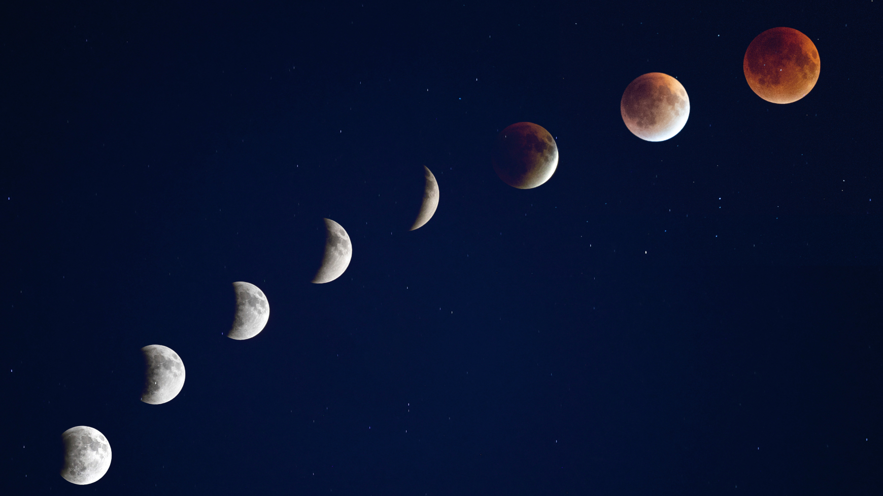 Une image composite montrant les différentes phases d'une éclipse lunaire totale.