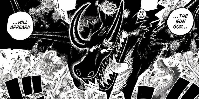 Gear 5 Luffy sur le dos de Loki dans le chapitre 1174 de One Piece