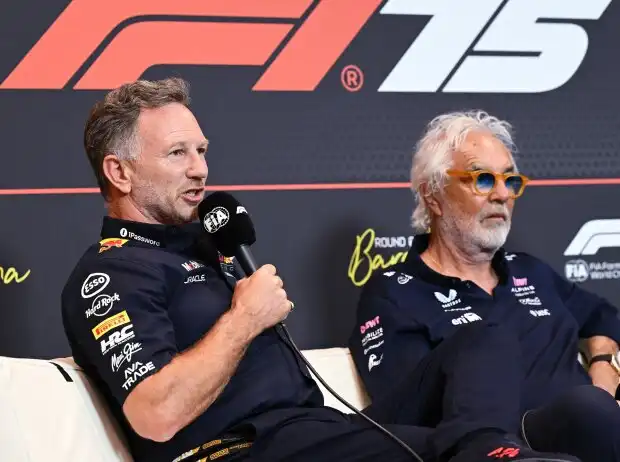 Christian Horner et Flavio Briatore lors d'une conférence de presse de Formule 1