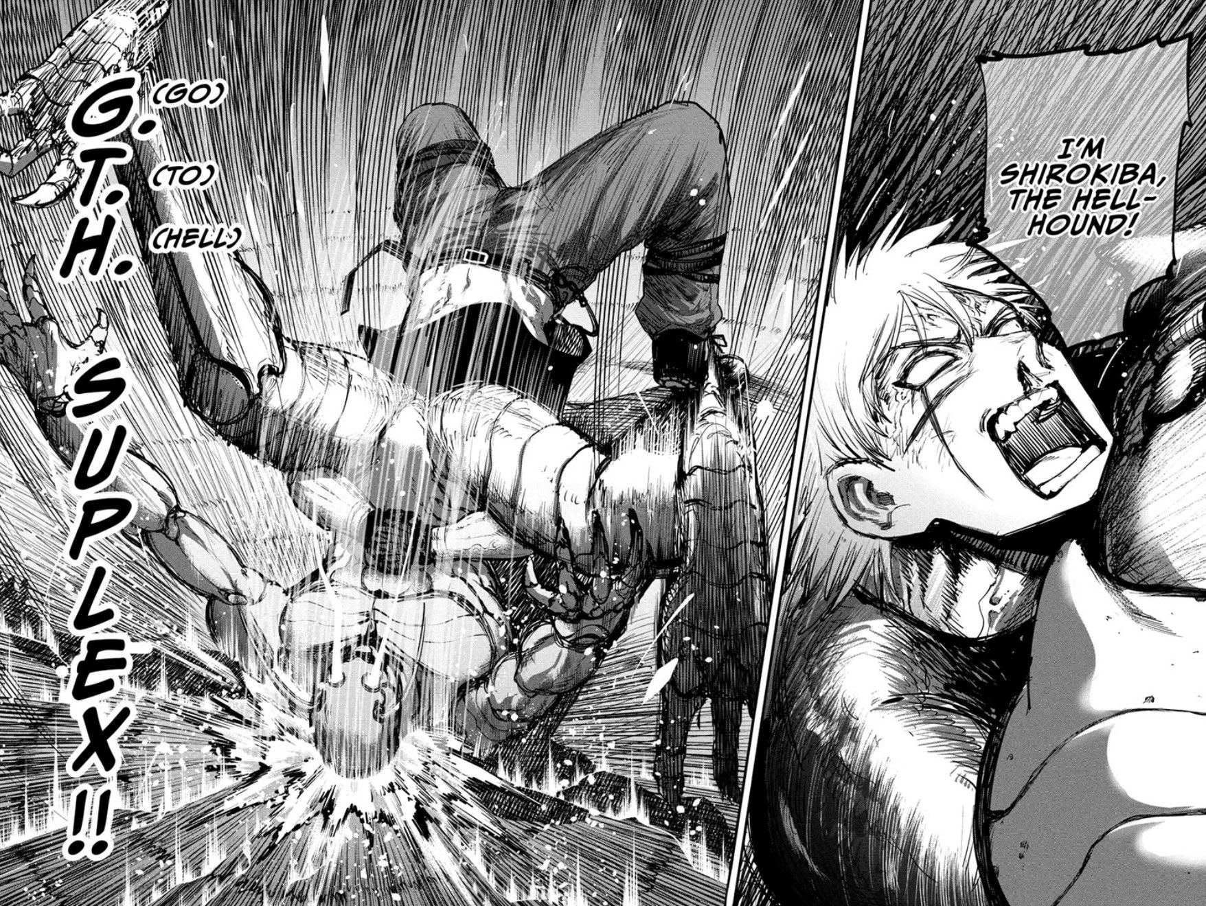 Ouga exécutant un German suplex à un extraterrestre.