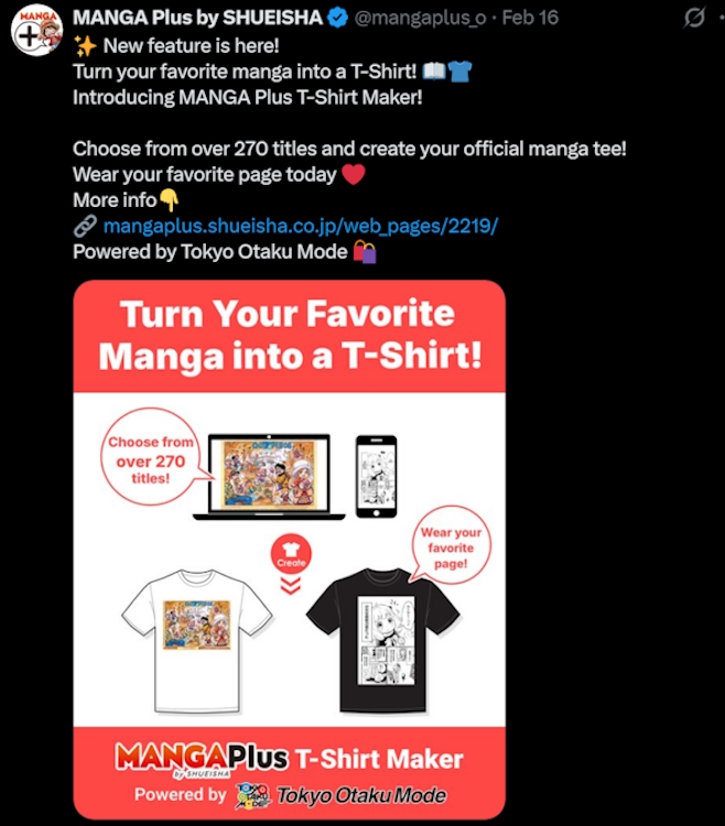 Annonce du T-shirt Maker de Manga Plus