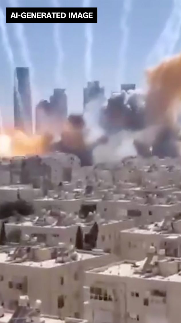 Image générée par IA montrant une fiction d'attaques de missiles en Iran.