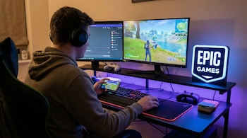 Un jeune joue à un jeu sur deux écrans, un PC et un mobile, éclairé par une lumière.