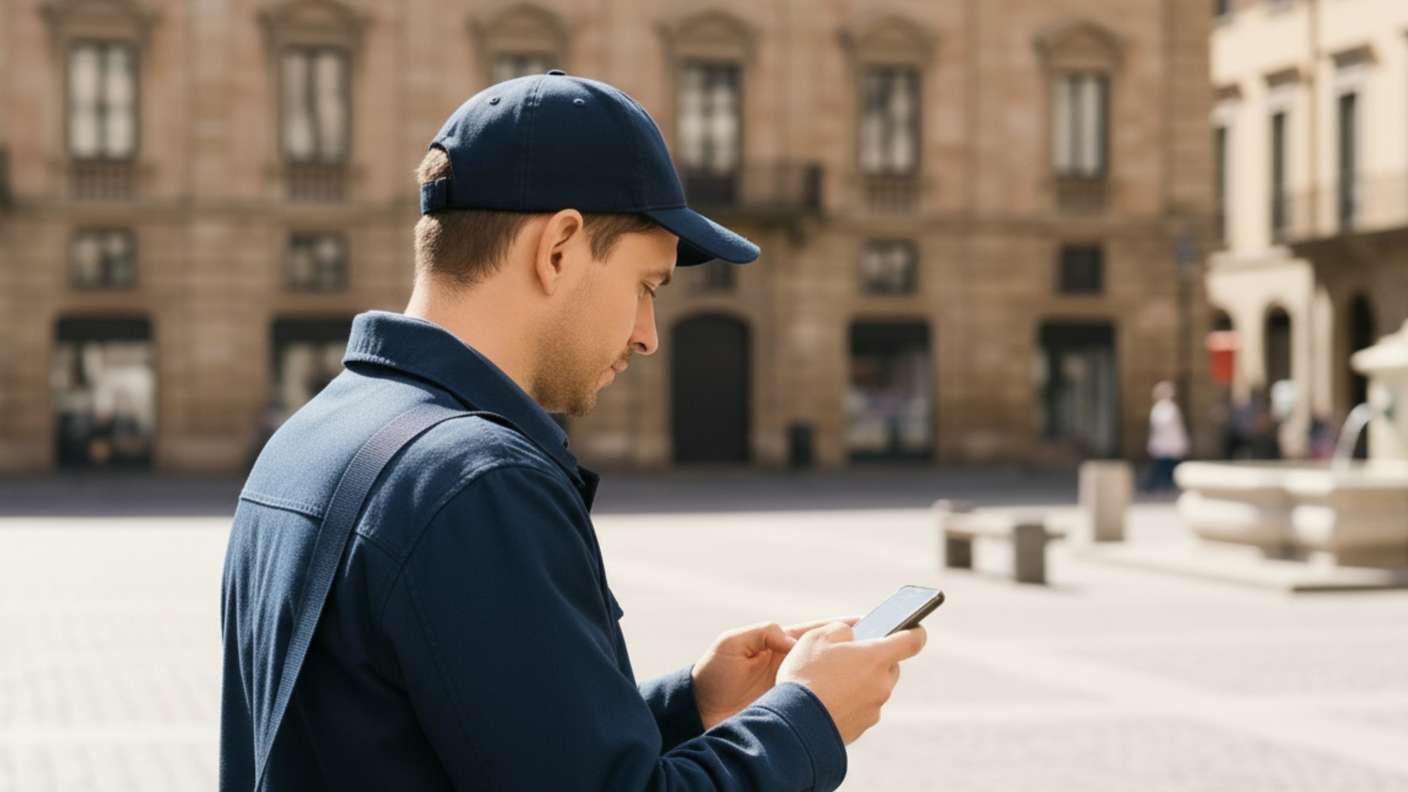 Homme tenant un téléphone à la main dans un espace public