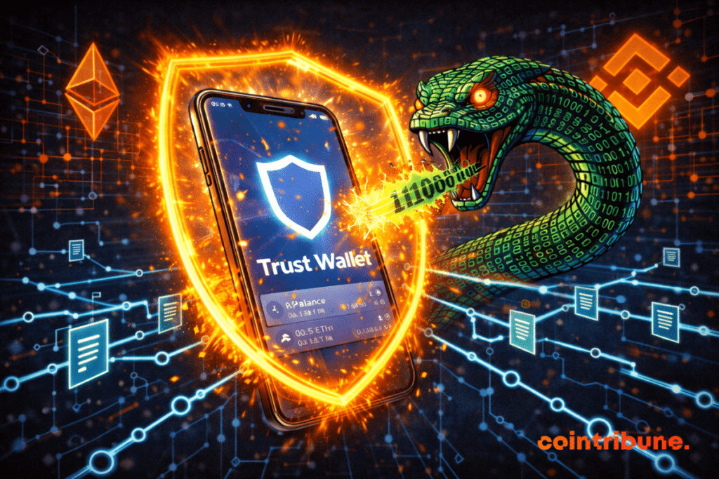 Smartphone protégé par un bouclier lumineux bloquant une attaque de serpent numérique, avec des symboles Ethereum et BNB en arrière-plan.