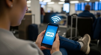 Une personne utilisant un smartphone avec une connexion Wi-Fi dans un aéroport.