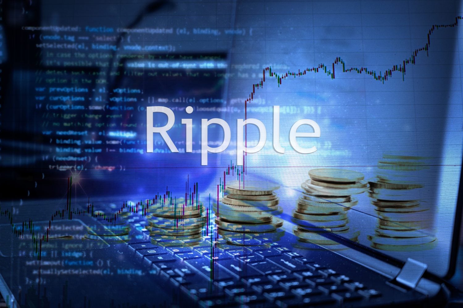 Inscription Ripple sur fond d'ordinateur et de code. Concept de cryptomonnaie.