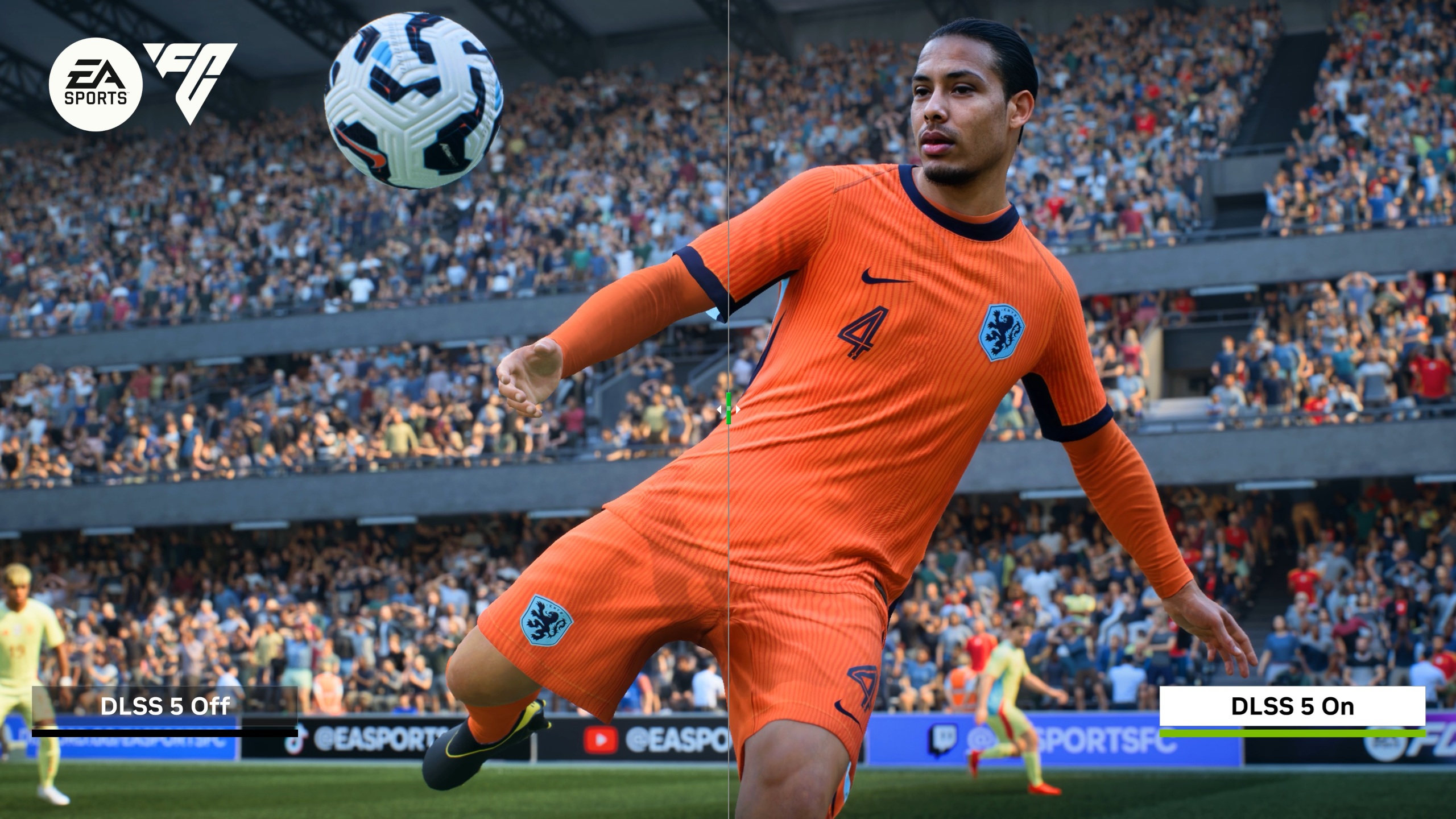 Joueur en action portant un maillot des Pays-Bas, comparant DLSS 5 Activé/Désactivé.