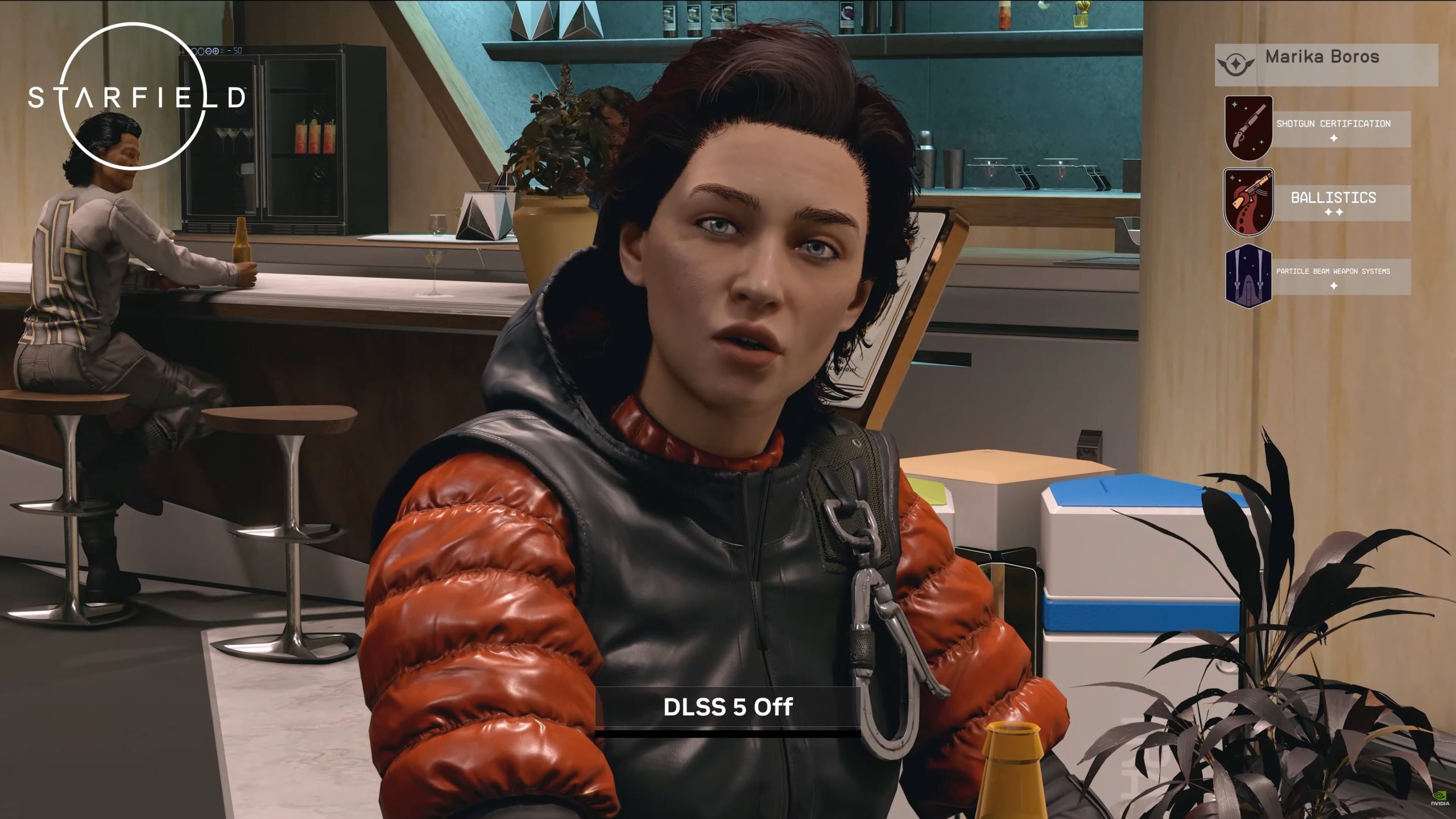 Interaction avec un personnage dans une scène de bar affichant DLSS 5 Désactivé.