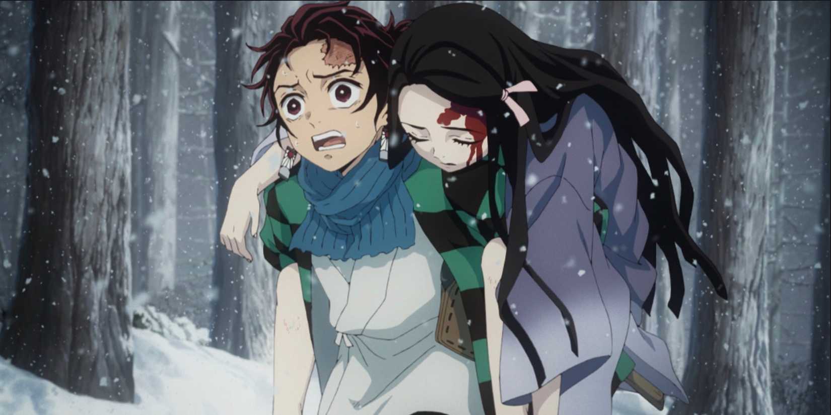 Tanjiro porte Nezuko dans le premier épisode de Demon Slayer.
