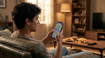Jeune joueur sur mobile.