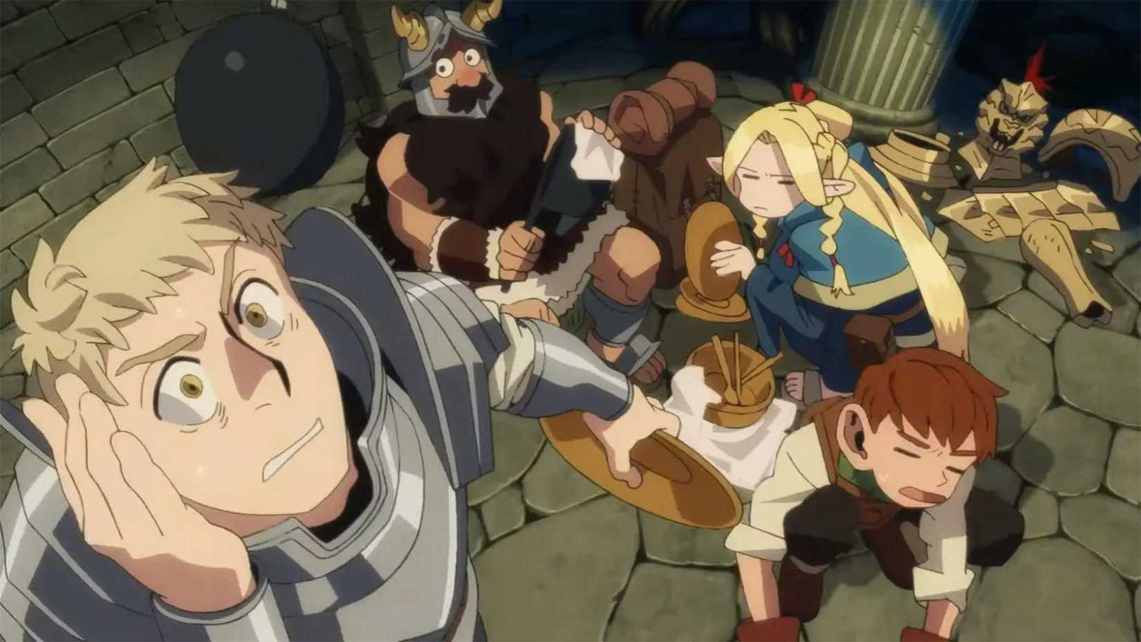 Un extrait de Delicious in Dungeon montrant Laios et son équipe nettoyant les plats après un repas.