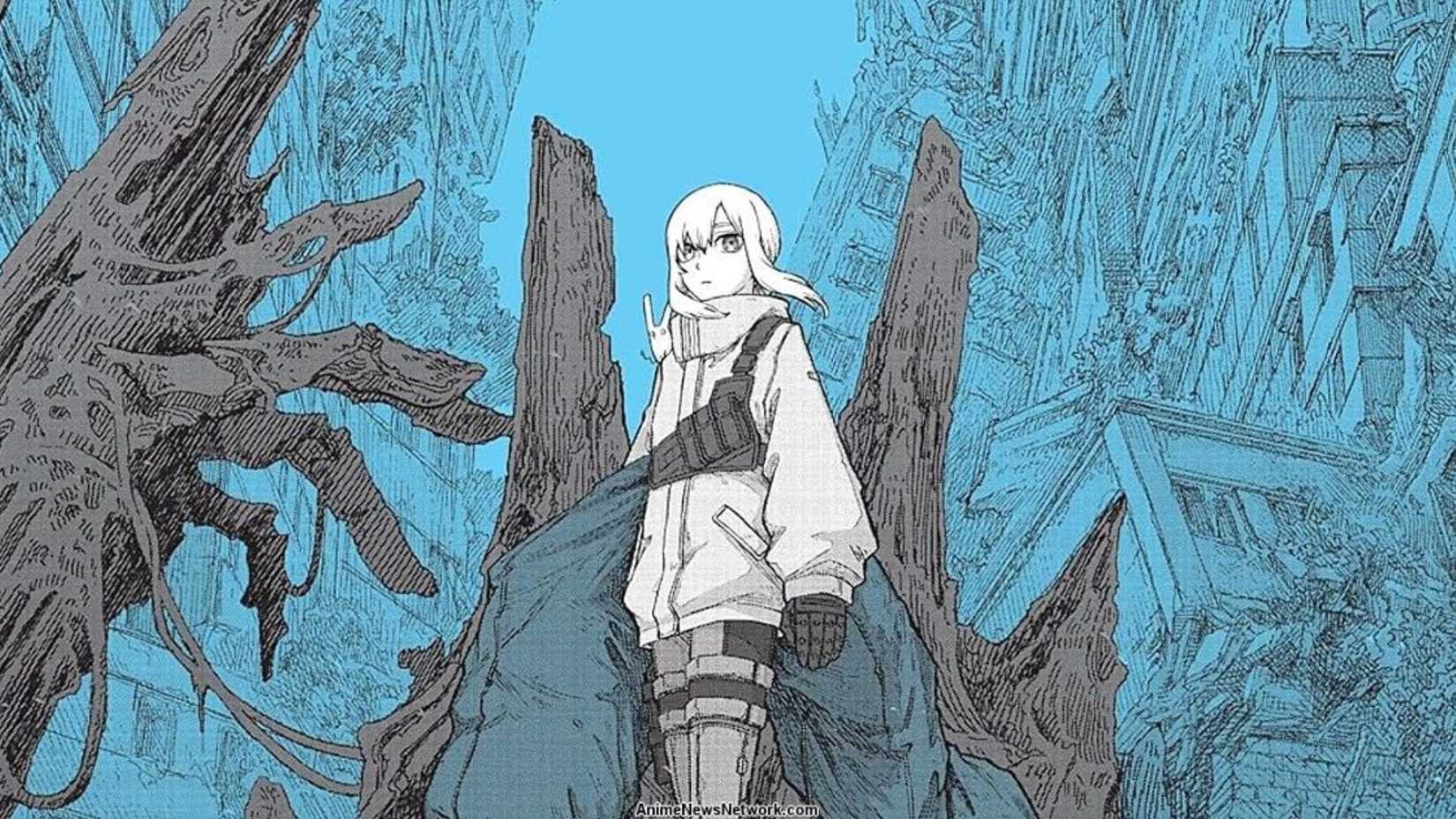 Couverture du manga The Color of the End: Mission in the Apocalypse montrant Saya surplombant un paysage dévasté.