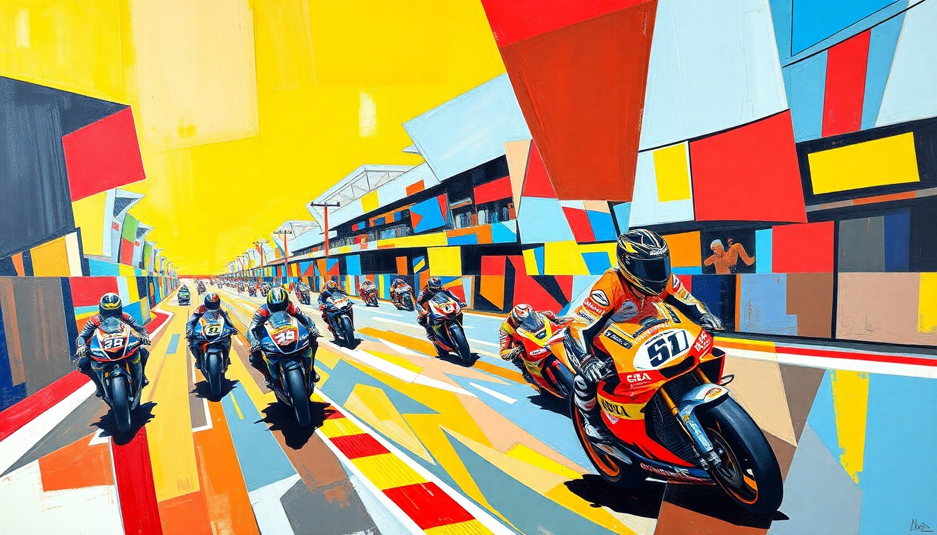 Une peinture de style cubiste représentant une interprétation fragmentée d'une scène de course MotoGP, avec des plans de couleur vifs et des perspectives superposées.