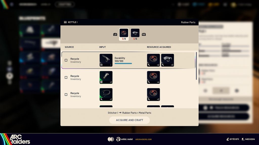 Nouveau bouton Acquérir et Créer d'Arc Raiders