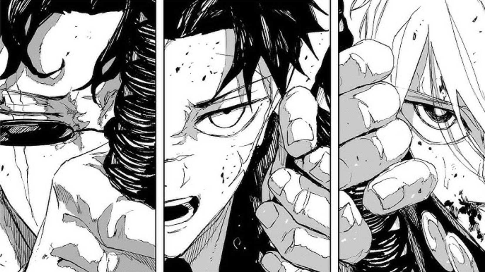 Extrait du manga Kagurabachi mettant en scène Chihiro Rokuhira, Hagiwara et Hakuri.