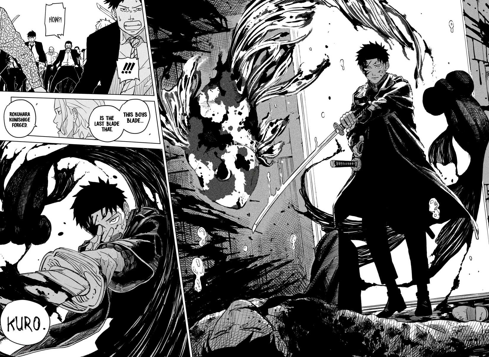 Extrait du manga Kagurabachi mettant en scène Chihiro Rokuhira prêt à attaquer.