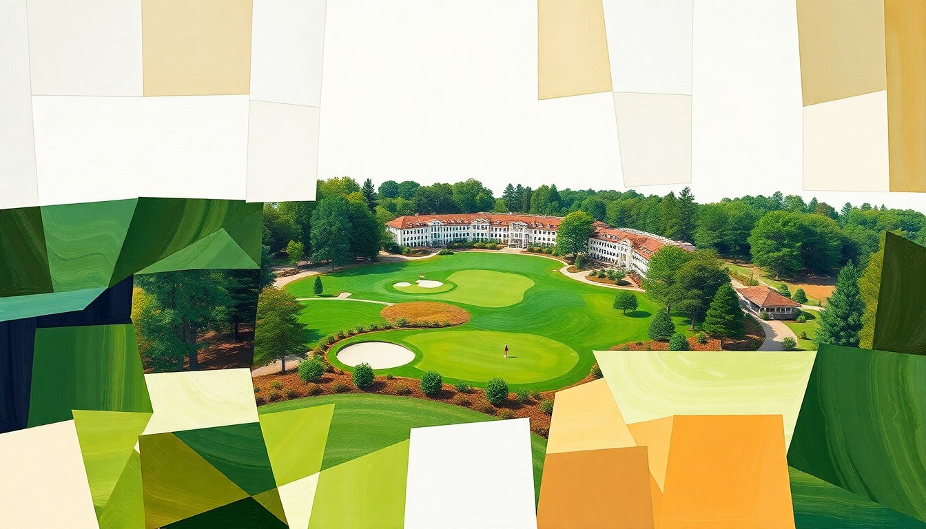 Peinture fragmentée et géométrique du parcours d'Augusta National, évoquant le Masters