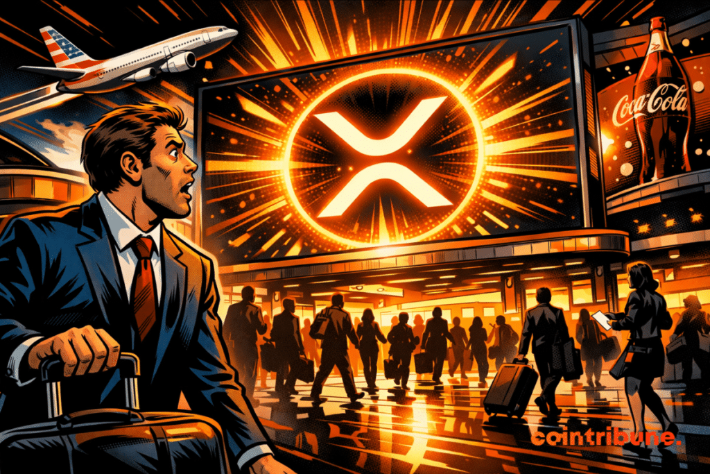 Illustration d'un aéroport futuriste avec le logo XRP, symbolisant l'adoption des paiements en XRP par de grandes entreprises.