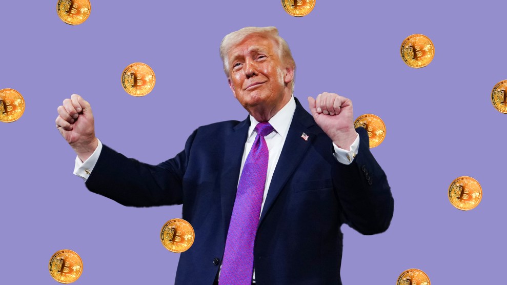 Illustration de Donald Trump dansant alors que des Bitcoins tombent autour de lui.