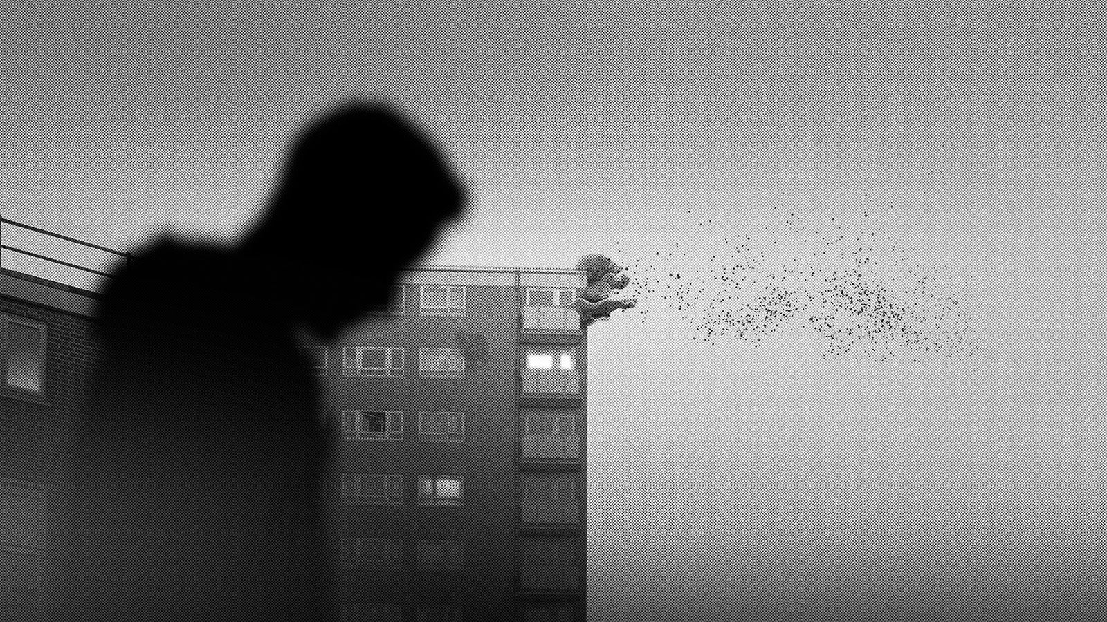 Capture d'écran de Signet City, montrant un personnage silhouetté devant un immeuble en décomposition surmonté d'un champignon géant.