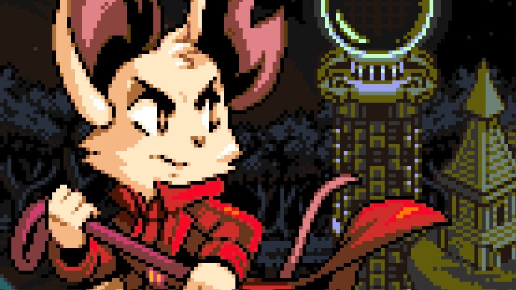 Art des personnages de Mina the Hollower avec une souris en veste rouge tenant un fouet